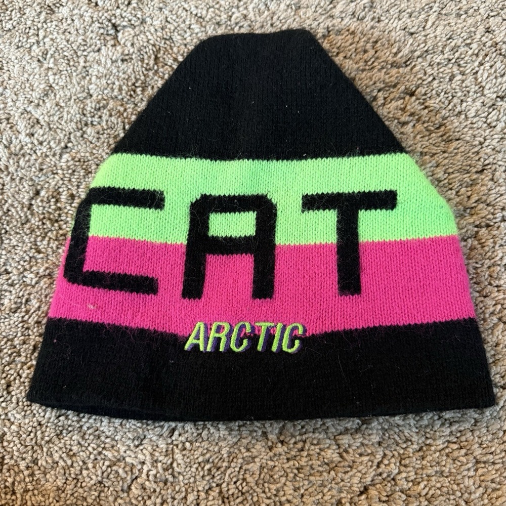 Vintage Arctic Cat Snowmobile Knit Hat Racing Winter Sports Made In USA Neon 90s